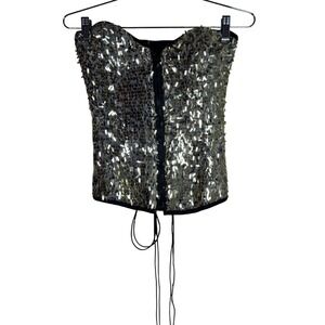 Bell Uniform Design Gold Sequin Corset Top Lace Up Back Sweetheart Small